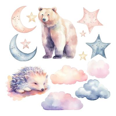 Wall sticker 100x178 Cute animals under the night sky in watercolor style
