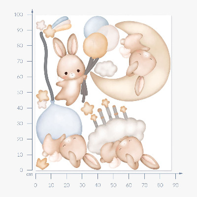 Wall sticker 100x88 Watercolor bunnies with balloons in the night sky