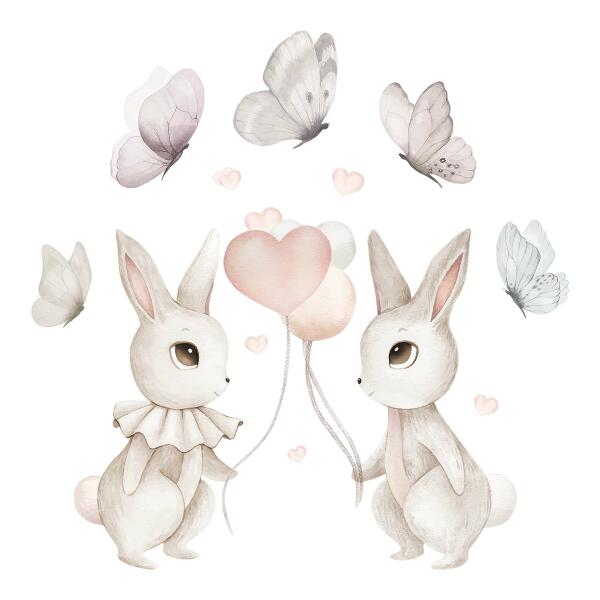 Wall sticker 100x126 Bunnies with balloons in boho pastel style
