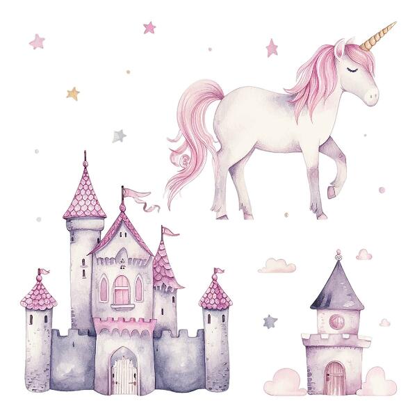 Wall sticker 100x164 Pastel watercolor with a unicorn and a castle