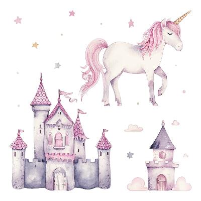 Wall sticker 100x164 Pastel watercolor with a unicorn and a castle