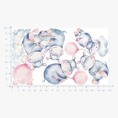Wall sticker 100x169 Hippopotamus family with balloons and pastel clouds