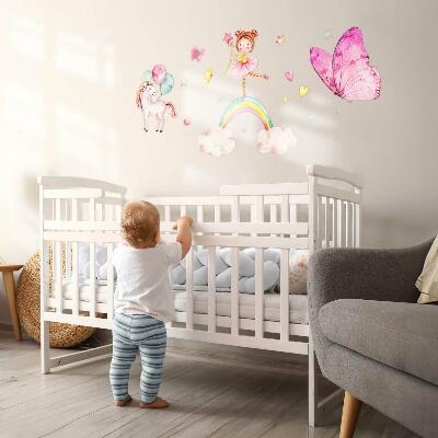 Wall sticker 100x131 Pastel unicorn with balloons on a rainbow