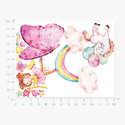 Wall sticker 100x131 Pastel unicorn with balloons on a rainbow