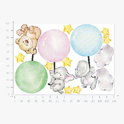 Wall sticker 100x141 Little animals with balloons in pastel colors