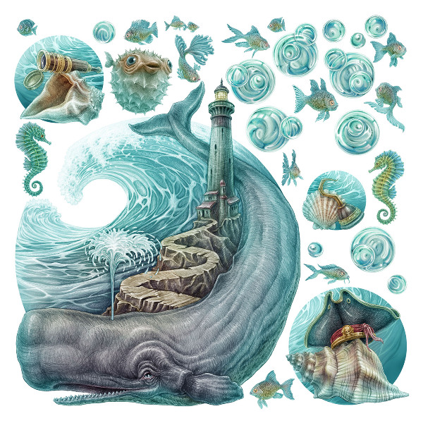 Wall sticker 100x115 An underwater fairy tale of a lighthouse in pastels