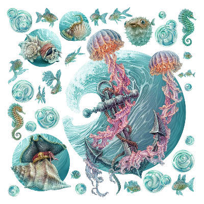 Wall sticker 100x103 An underwater fairy tale with jellyfish in pastel colors