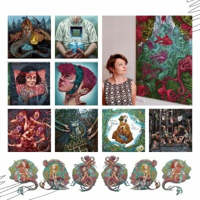 Wall sticker 130x194 Red dinosaur with drawings and vegetation