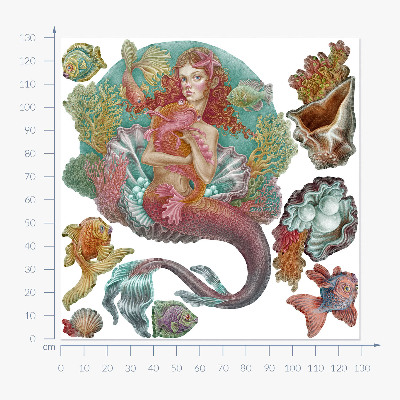 Wall sticker 130x129 Mermaid in cartoon style with underwater shells