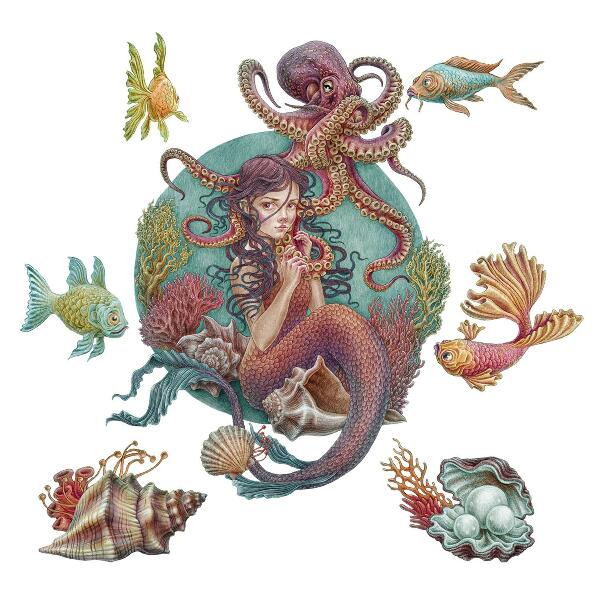 Wall sticker 130x145 Mermaid made of shells in a cartoon style