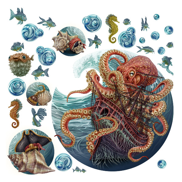 Wall sticker 130x156 A fairy-tale underwater world with an octopus and a ship