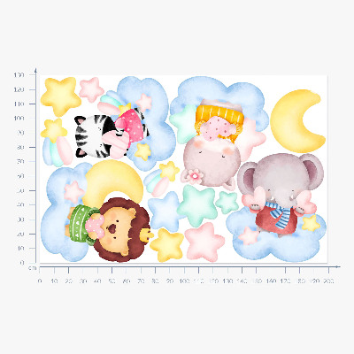 Wall sticker 130x199 Adorable animals in clouds and stars watercolor pastel