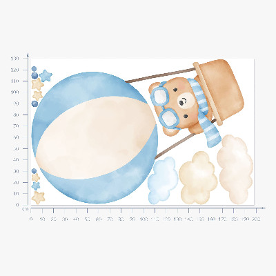 Wall sticker 130x198 Little teddy bear in a balloon in the clouds watercolor pastel