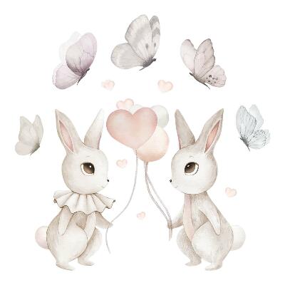 Wall sticker 130x164 Bunnies with balloons in boho pastel style