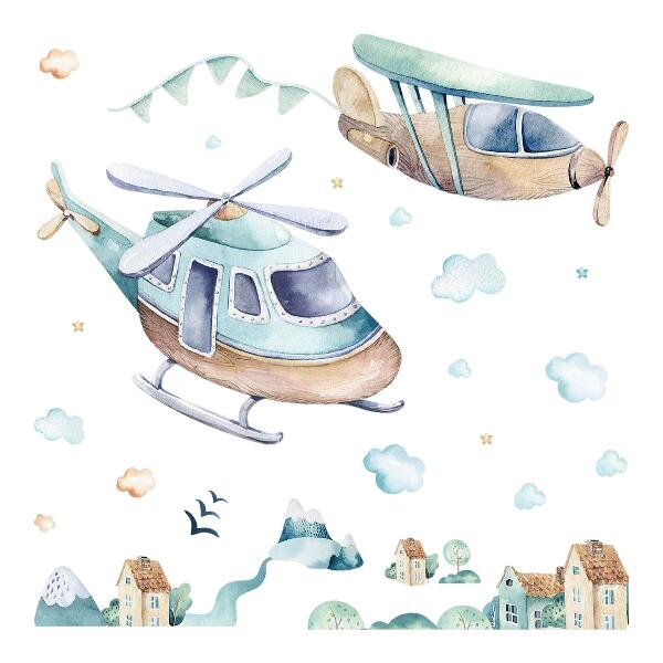 Wall sticker 130x188 Helicopter and plane in a pastel town
