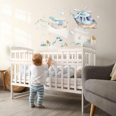 Wall sticker 130x188 Helicopter and plane in a pastel town