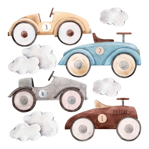 Wall sticker 130x204 Pastel cars and subtle watercolor clouds
