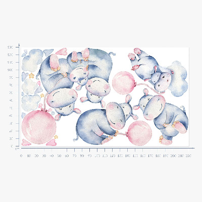 Wall sticker 130x220 Hippopotamus family with balloons and pastel clouds