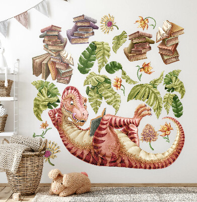 Wall sticker 130x194 Red dinosaur with drawings and flowers