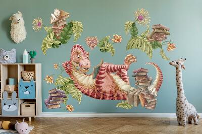 Wall sticker 130x194 Red dinosaur with drawings and flowers