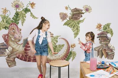 Wall sticker 130x194 Red dinosaur with drawings and flowers
