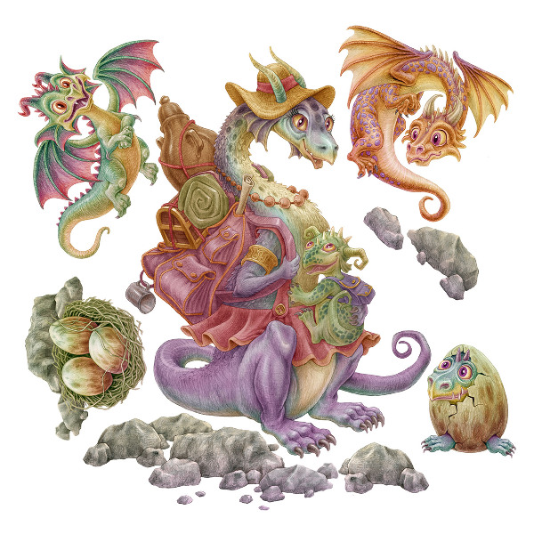 Wall sticker 130x158 A fairy-tale family of colorful dragons in pastels