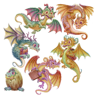 Wall sticker 130x111 Colorful dragons in a fairy-tale cartoon style