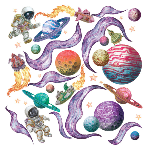 Wall sticker 130x200 Space adventures of rockets and planets in pastels