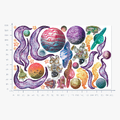 Wall sticker 130x200 Space adventures of rockets and planets in pastels