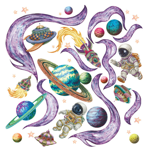 Wall sticker 130x224 Astronaut rockets against the background of planets in pastels