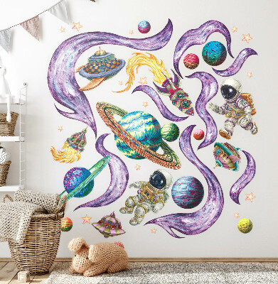 Wall sticker 130x224 Astronaut rockets against the background of planets in pastels