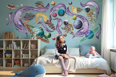Wall sticker 130x224 Astronaut rockets against the background of planets in pastels