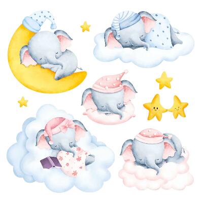 Wall sticker 60x84 Pastel elephants and clouds in a watercolor style