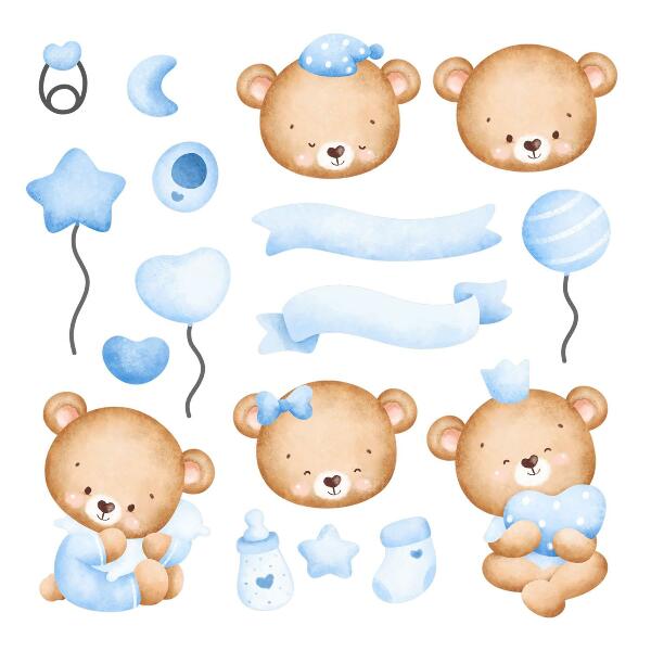 Wall sticker 60x84 Pastel watercolor teddy bears in a charming style