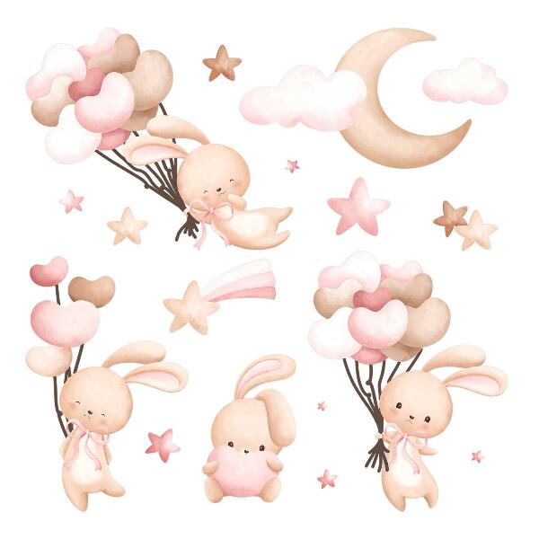 Wall sticker 60x108 Bunnies with balloons in watercolor pastel tones