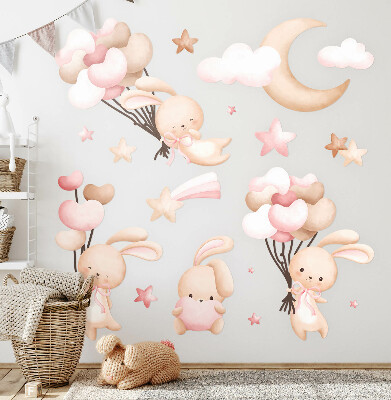 Wall sticker 60x108 Bunnies with balloons in watercolor pastel tones