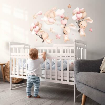 Wall sticker 60x108 Bunnies with balloons in watercolor pastel tones