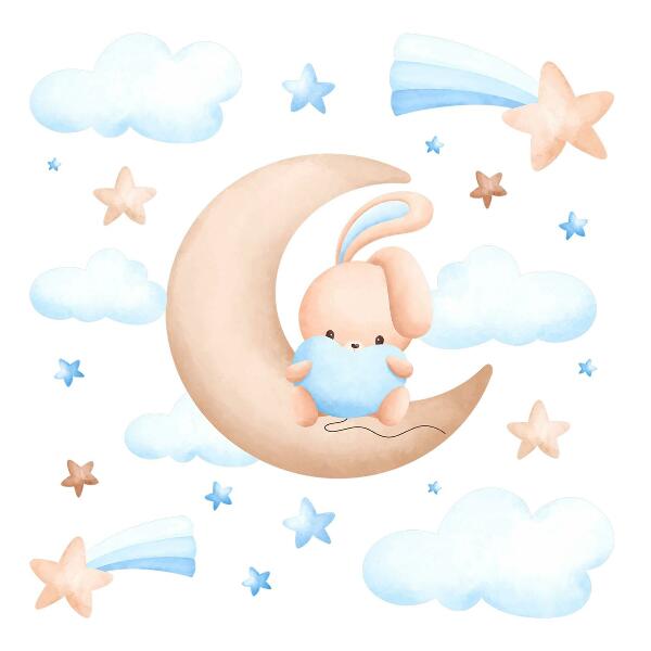 Wall sticker 60x99 Bunny in the clouds on a pastel moon