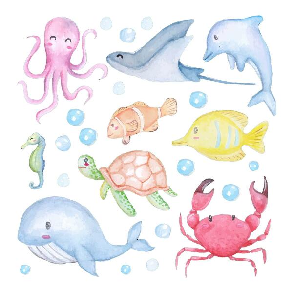 Wall sticker 60x85 Pastel underwater world of watercolor creatures