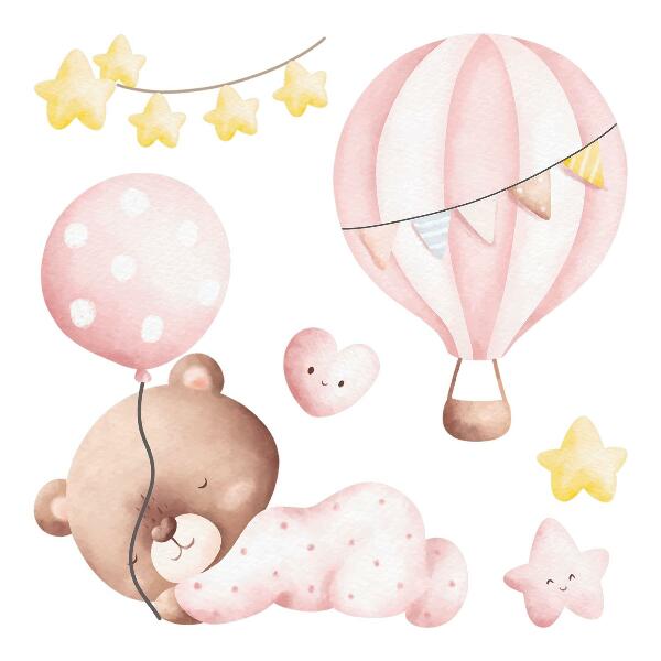 Wall sticker 60x56 Teddy bear with balloons and stars in pastel watercolor