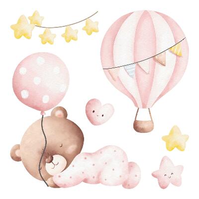 Wall sticker 60x56 Teddy bear with balloons and stars in pastel watercolor