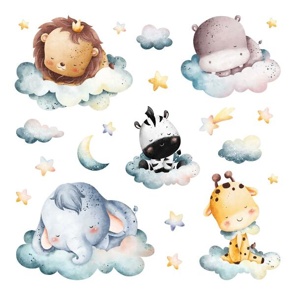 Wall sticker 60x89 Night clouds with smiling watercolor animals