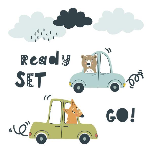 Wall sticker 60x81 Ready to go! Pastel animals in cars