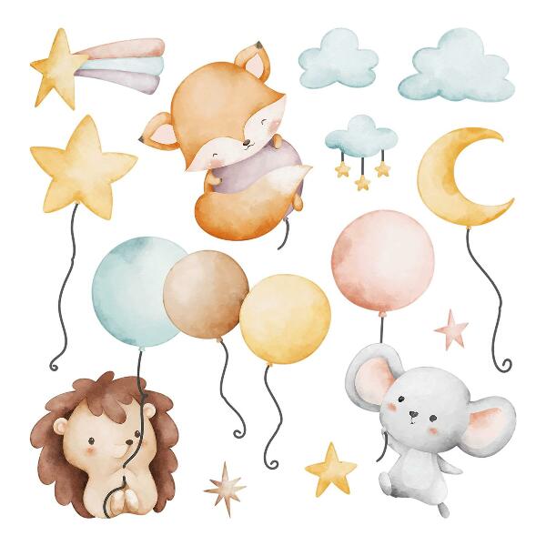 Wall sticker 60x104 Adorable boho animals with pastel balloons