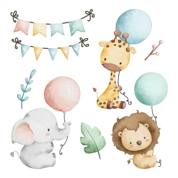 Wall sticker 60x92 Pastel cute animals with boho balloons