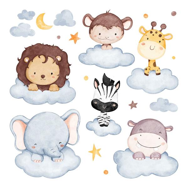 Wall sticker 60x82 Cute animals in pastel clouds