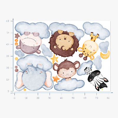 Wall sticker 60x82 Cute animals in pastel clouds