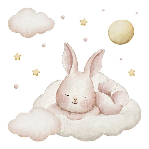 Wall sticker 60x52 Bunny on clouds and pastel watercolors