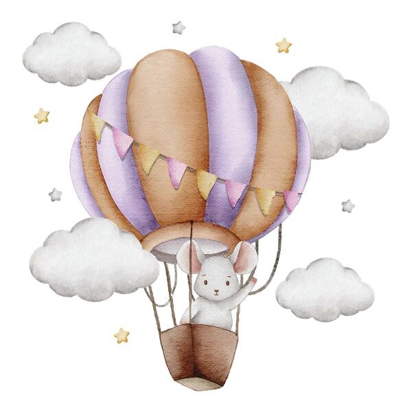 Wall sticker 60x70 A mouse's balloon journey in pastel clouds