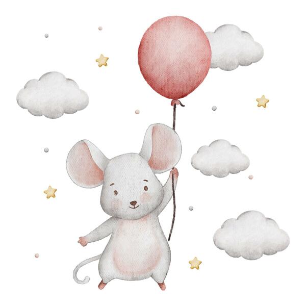 Wall sticker 60x107 Mouse with a balloon in the clouds, watercolor pastels